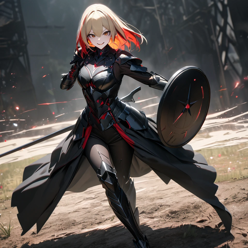 A woman in her 20s, wearing heavy black armor, black metal bracelet, black metal boots, with red details on the armor, short shoulder-length blonde hair, red bangs, smiles, multicolored hair, brown eyes, sadistic smile, face of psychopath, evil face, holding a black metal shield, and a black metal sword, in a combat stance, in an open field, UHD , work- prime, precise, anatomically correct, textured skin, super details, high quality, best quality, 8k, high resolution, bokeh effect. (woman solo )
