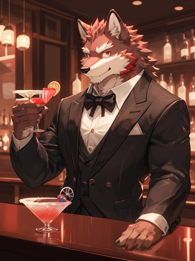 Best quality, diederich olsen (/knights college/), wolf, kemono, nj5furry, Red Fur, Red eyes, Medium Muscular Body, Solo, A charming bartender, elegant Pose, suit, Fierce eyes, Smille, a dimly lit bar, (presenting a beautifully crafted cocktail:1.5), behind the counter, full body