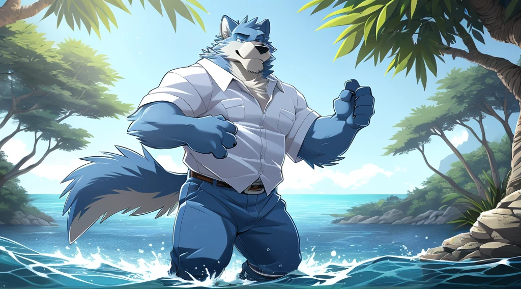 dad male gray wolf with small human blue eyes slighly chubby ,aqua blue eyes, blue pants, white shirt, male, tail, outside, plant, light blue body, sea, solo, tree, (water), detailed backgroun,by takemoto arashi