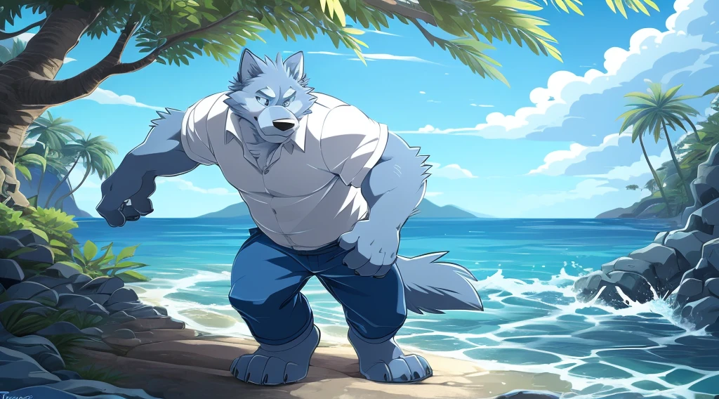 dad male gray wolf with small human blue eyes slighly chubby ,aqua blue eyes, blue pants, white shirt, male, tail, outside, plant, light blue body, sea, solo, tree, (water), detailed backgroun,by takemoto arashi 