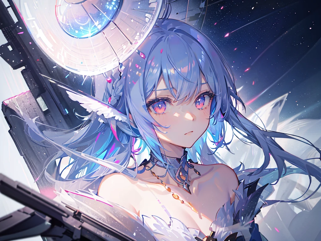 8k wallpaper,tmasterpiece,cinmatic lighting,top Quority,illustratio,Dramatic angles,((a color:1.1)),((Colored inner hair:1.4)),
1girll, solo, long blue hair, SakuraNS, Pink eyes, Cross necklace, parted lip, a white choker, liquid hair, Light blue hair, By bangs, By bangs, From the side Side, contours, The upper part of the body, blue hairs, simple backgound, pink back ground, exposed bare shoulders, sportrait, looking at viewert, white dresses, hairsbetweeneyes, colorfulhair, Galaxy Background, Nebula, 耳Nipple Ring,jewely, majestic space creature