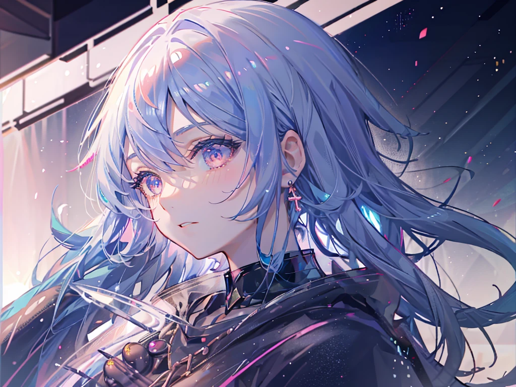 8k wallpaper,tmasterpiece,cinmatic lighting,top Quority,illustratio,Dramatic angles,((a color:1.1)),((Colored inner hair:1.4)),
1girll, solo, long blue hair, SakuraNS, Pink eyes, Cross necklace, parted lip, a white choker, liquid hair, Light blue hair, By bangs, By bangs, From the side Side, contours, The upper part of the body, blue hairs, simple backgound, pink back ground, exposed bare shoulders, sportrait, looking at viewert, white dresses, hairsbetweeneyes, colorfulhair, Galaxy Background, Nebula, 耳Nipple Ring,jewely, majestic space creature