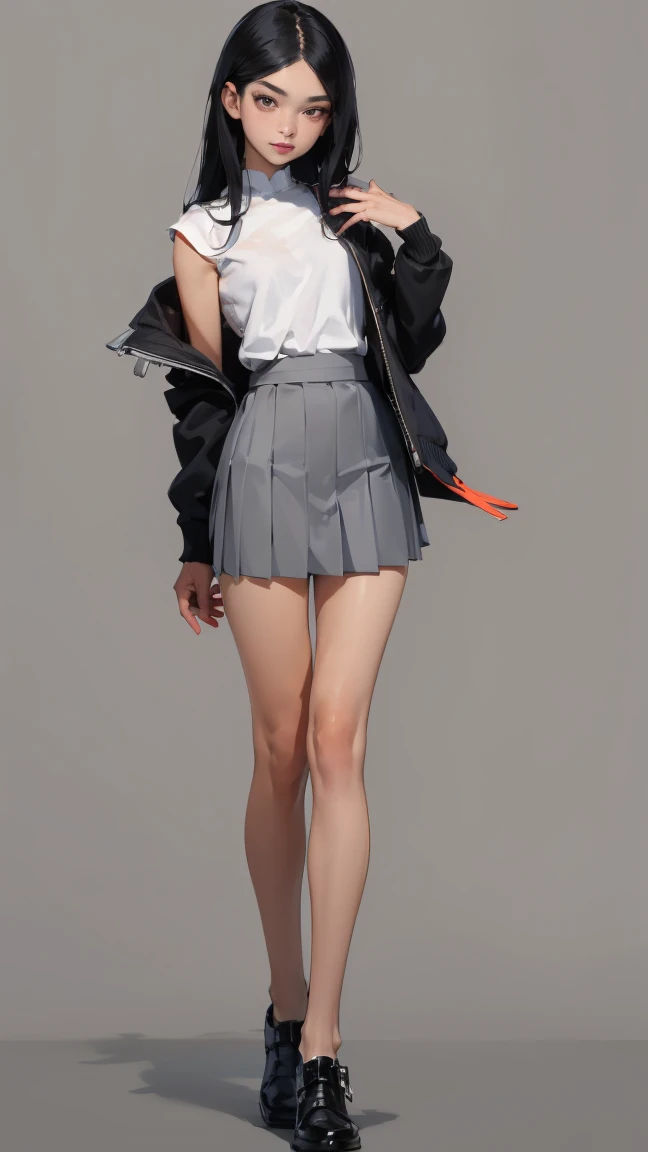 ((best quality,4K,high resolution,masterpiece:1.2)),((Character Concept Art)), 1 female, females, 15-year-olAsieautyeen, ((Long shoulder-length black hair)), Black Hair, (Fair skin tone), Extremely fine eyes (black eye color), Innocent, beautiful, , slim body, ((Intricate details)), Very delicate hands, Extremely fine fingers(((Ten fingers))), (Wearing a grey school skirt and white short-sleeved school shirt and school jacket), (casually standing), (Full body display), (revealing the whole body), (No logos on background), (No logo), ((Solid color background)), ((Solid color background)), (((Empty background)))