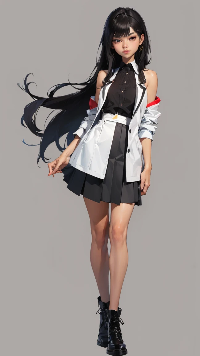 ((best quality,4K,high resolution,masterpiece:1.2)),((Character Concept Art)), 1 female, Adolescent females, 15-year-old Asian beauty queen, ((Long shoulder-length black hair)), Black Hair, (Fair skin tone), Extremely fine eyes (black eye color), Innocent, beautiful, , slim body, ((Intricate details)), Very delicate hands, Extremely fine fingers(((Ten fingers))), (Wearing a grey school skirt and white short-sleeved school shirt and school jacket), (casually standing), (Full body display), (revealing the whole body), (No logos on background), (No logo), ((Solid color background)), ((Solid color background)), (((Empty background)))