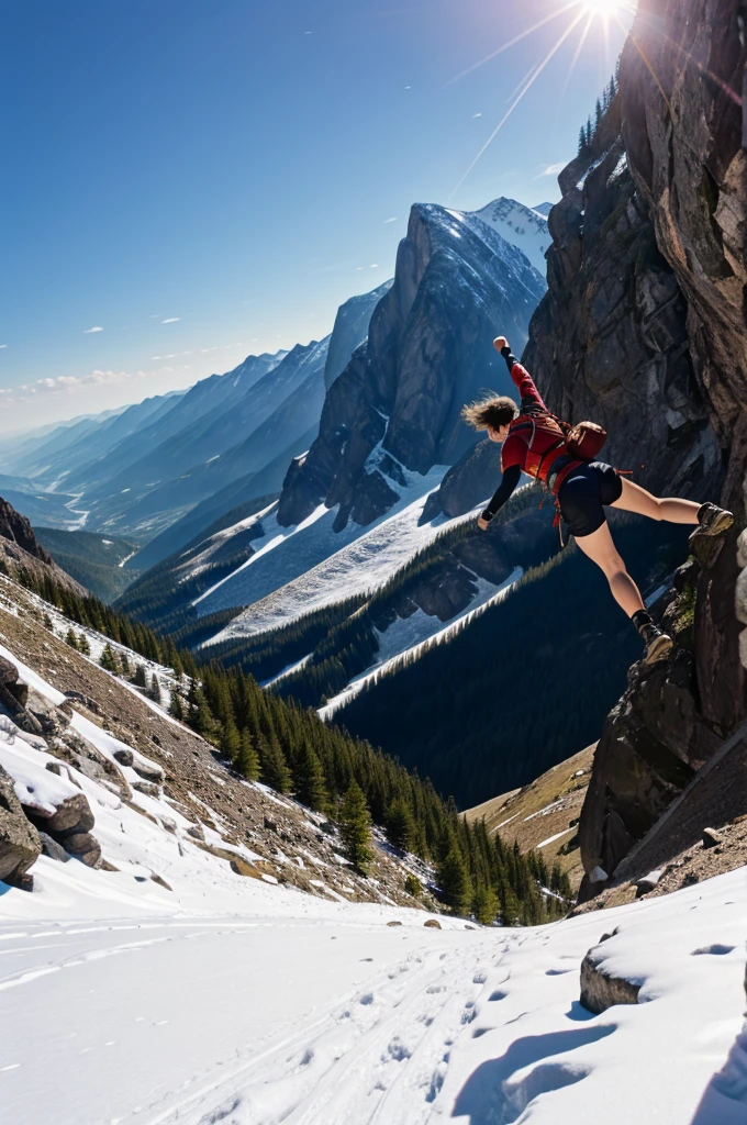 A warrior facing downwards above from mountain showing its power