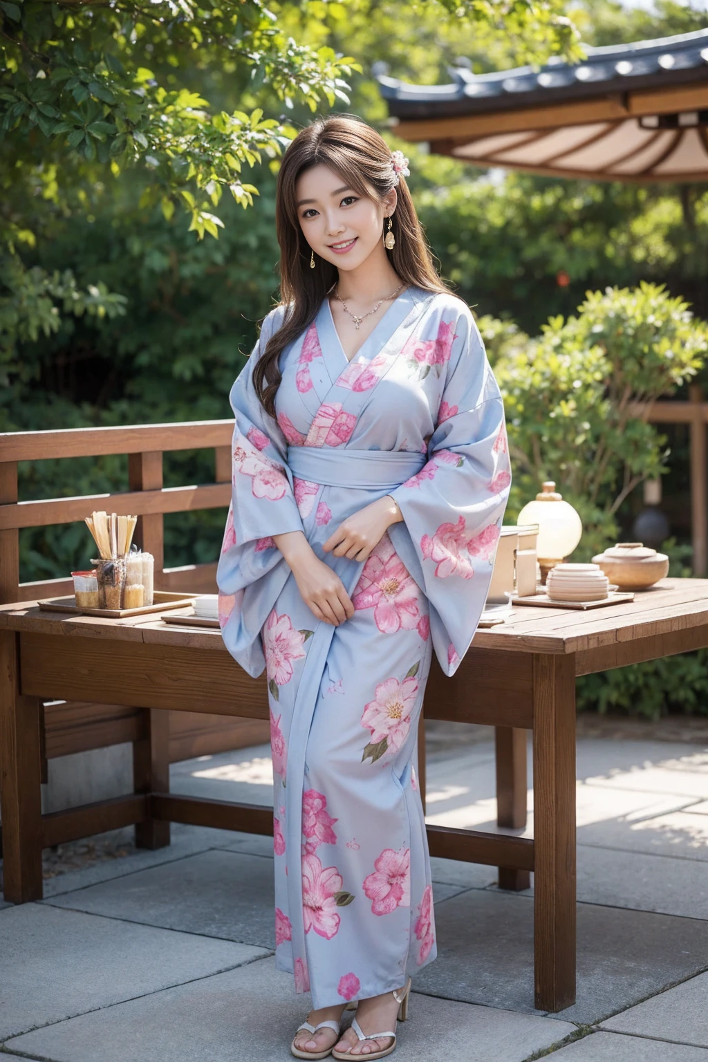 Highest quality,8K, Detailed facial depiction, Detailed description of the eyes,One Woman, Light brown hair(Medium-long hair),Beautiful Japanese Girl,24-years-old,Cute eyes,Cute Smile,Yukata beauty,Yukata with a beautiful floral pattern,Slender body, Large, plump breast size, Long and beautiful legs,Smiling, Colorful earrings,necklace,Are standing,Beautiful nape,Japanese Summer Festivals,There are food stalls