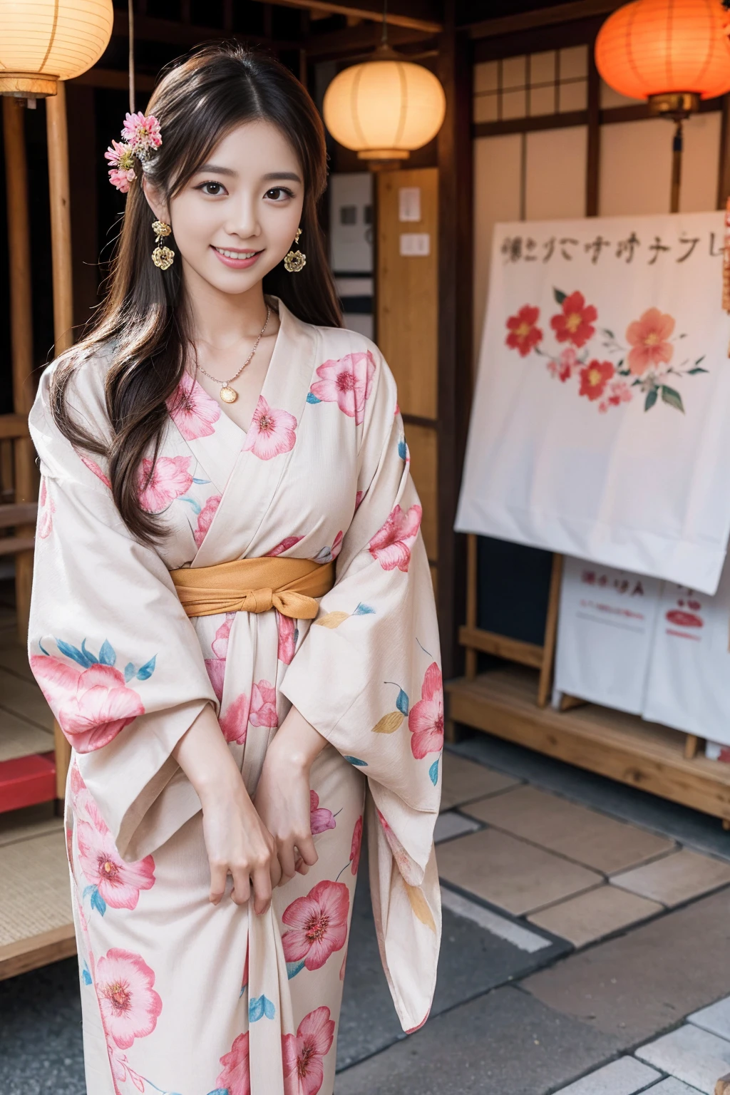 Highest quality,8K, Detailed facial depiction, Detailed description of the eyes,One Woman, Light brown hair(Medium-long hair),Beautiful Japanese Girl,24-years-old,Cute eyes,Cute Smile,Yukata beauty,Yukata with a beautiful floral pattern,Slender body, Large, plump breast size, Long and beautiful legs,Smiling, Colorful earrings,necklace,Are standing,Beautiful nape,Japanese Summer Festivals,There are food stalls
