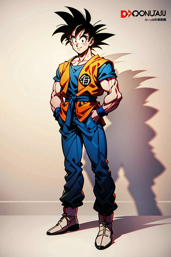 1man, fashion outfit, son goku from dragon ball, akira toriyama style, full body, detail, face detail, amazing art, simple background,