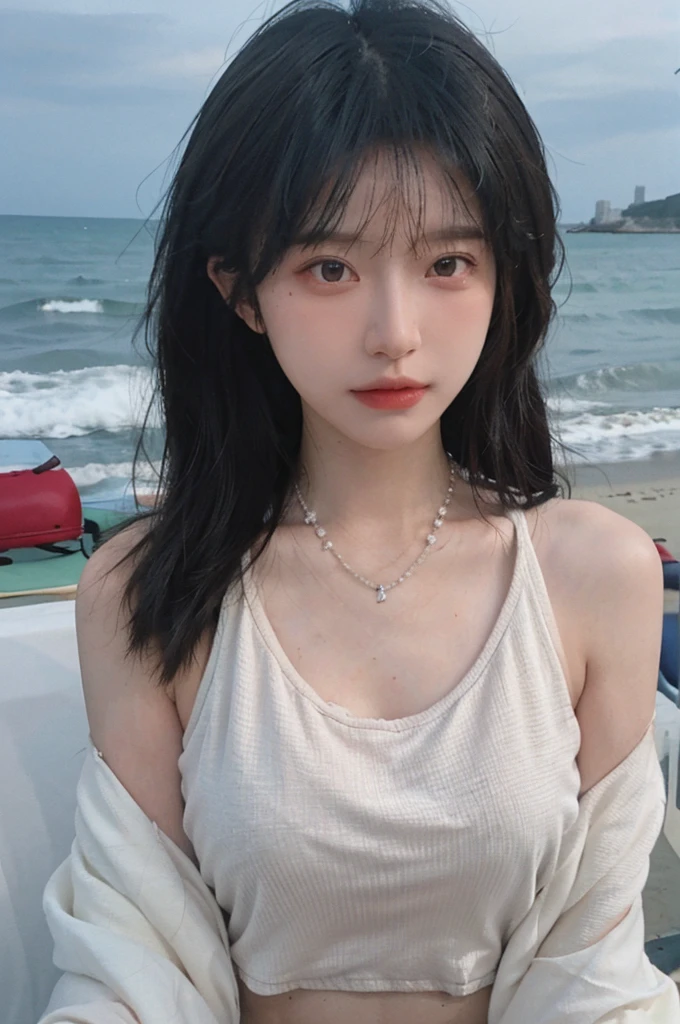 Best quality，Ultra-high resolution，（lifelike：1.4），Cute hairpin，1girll，Long curly hair，jk，Blush，Slim beauty：1.4，Visible abdominal muscles，on the beach，Ultra-fine face，Exquisite eyes，Double eyelids，necklace
