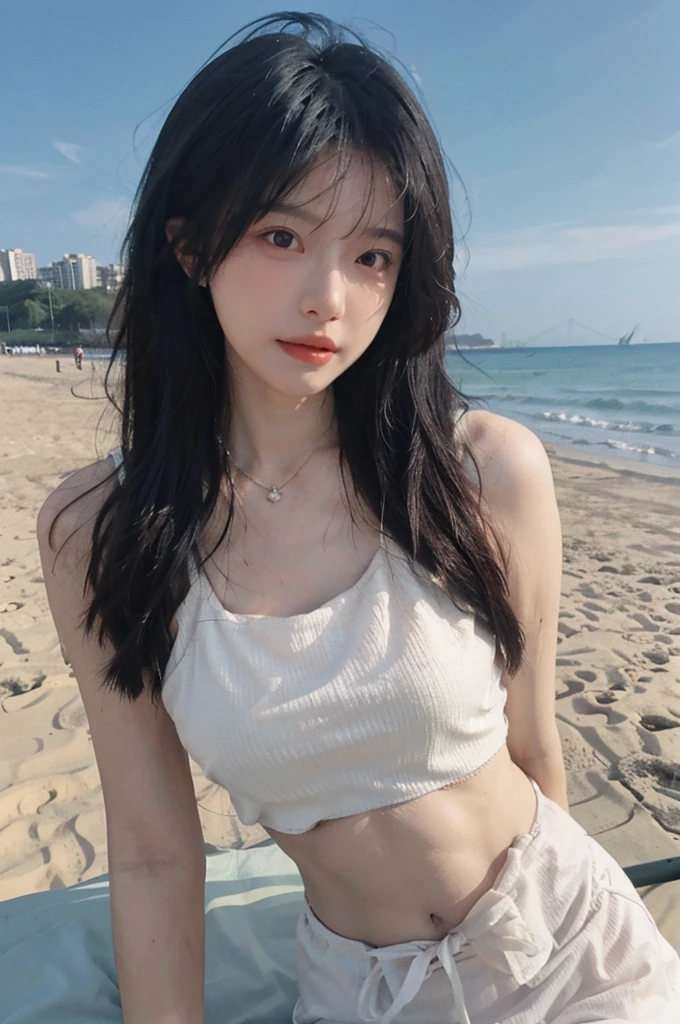 Best quality,Ultra-high resolution,(lifelike:1.4),Cute hairpin,1girll,Long curly hair,jk,Blush,Slim beauty:1.4,Visible abdominal muscles,on the beach,Ultra-fine face,Exquisite eyes,Double eyelids,necklace