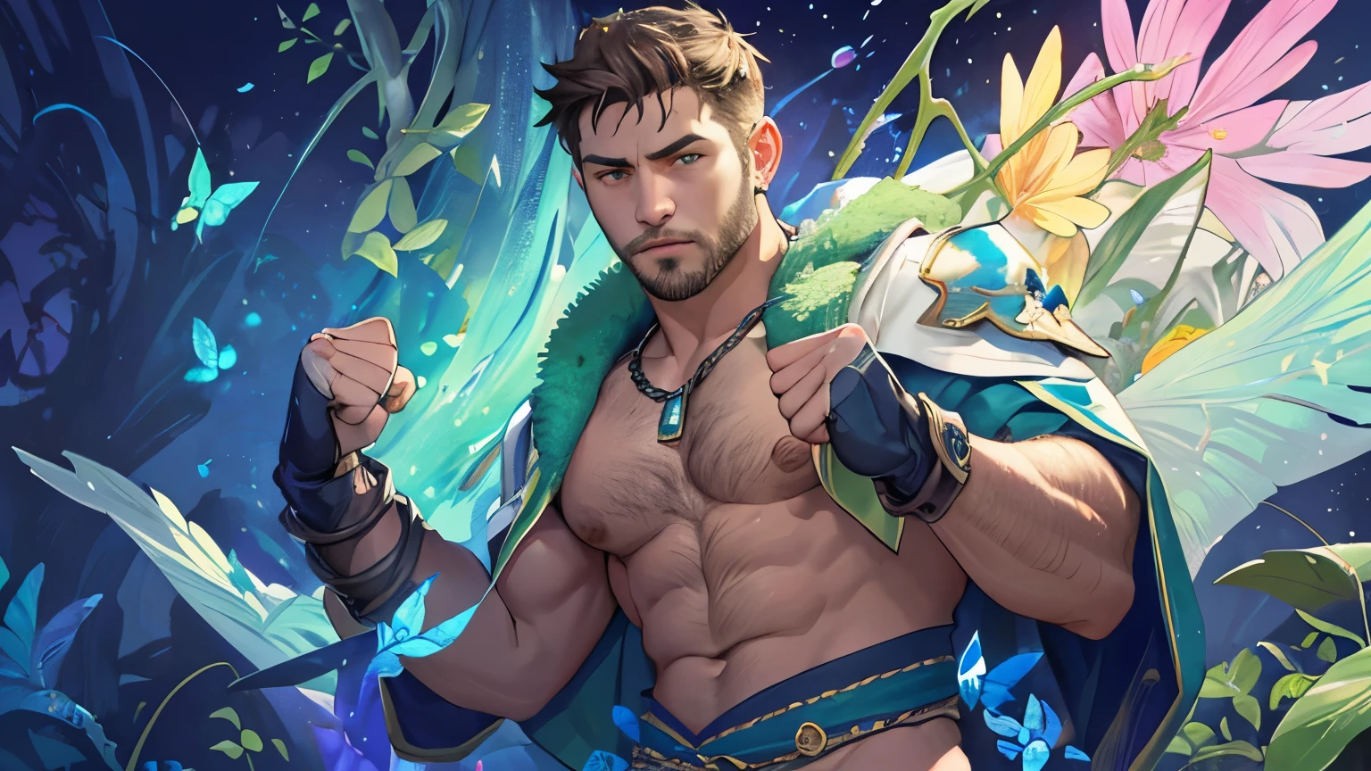 wearing single glowing magic ring with set emerald, punching forward fist with ring, close up facing camera shirtless manly young adult man mage casting leaf explosion spell, wearing skimpy intricate jewelry chain armor, facial hair, body hair, fade, dramatic, dynamic, masterpiece, fantasy concept art, magic, abstract, surreal, extravagant, fantasy, glowing vines, flower cascade, leaf cascade, colorful butterflies, detailed art, vivid, vibrant, nature magic, circle, best quality, color scheme green,