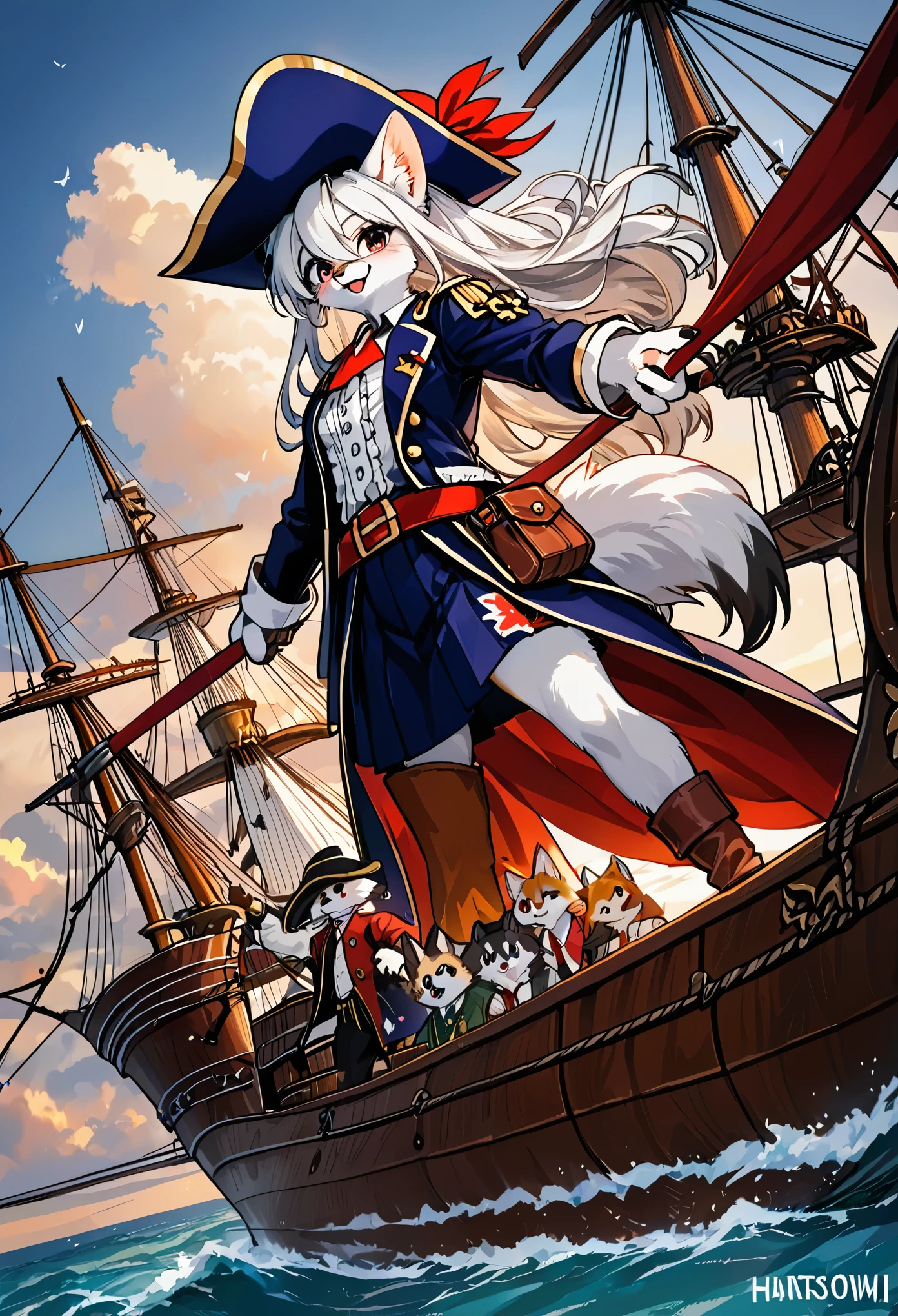 cover page, highres, top quality, best quality, paid reward available, unparalleled masterpiece, perfect artwork, absurdres, High-quality illustrations, super high resolution, detailed background, perfect anatomy(kemono, furry anthro, boy, girl)Hospitals with power outages, Spooky creatures, Pirate Ship, a pirate, good lighting, cinematic shadow,