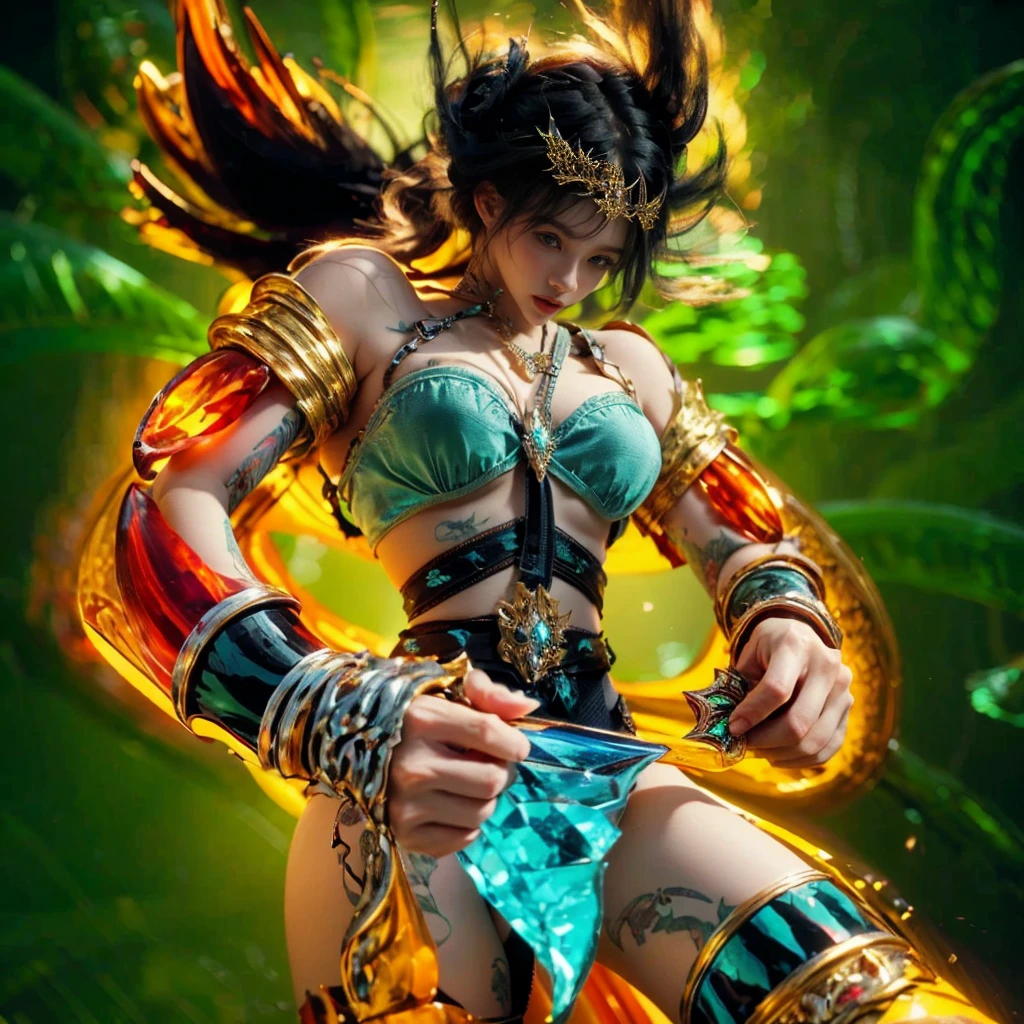 (extremely detailed, best quality), focus on details, detailed in face,natural lighting, dynamic, vibrant colors, bright sunlight, vibrant colors, serene countenance, tranquility of the waves, crystal clear turquoise water.girl holding weapon,realistic,blue eyes,cinematic realism,wlop,jade