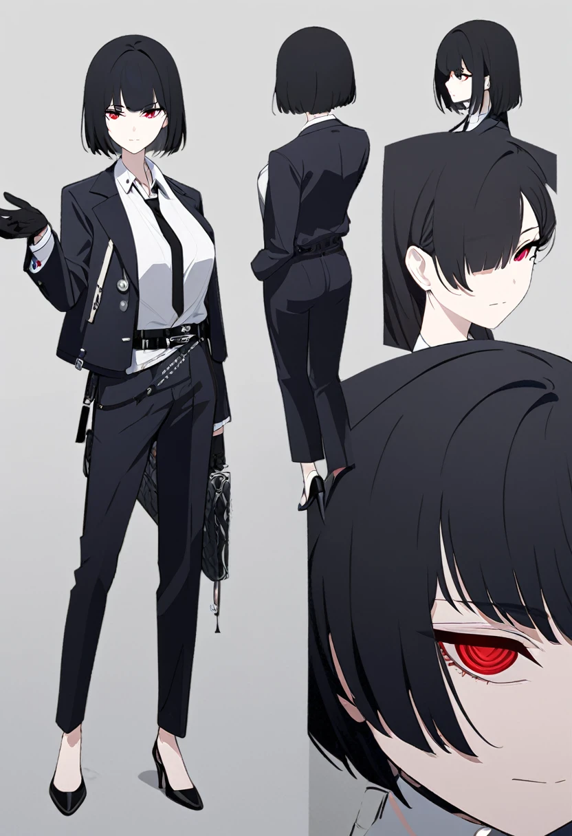 One woman,Dynamic,whole body,Are standing,mysterious,Concept Art,Character Design,Jet black straight hair,The bangs are trimmed to accentuate the eyes.,Short Hair,Well-proportioned face,Sharp Eyes,White shirt and black tie,Black slacks,Silver cufflinks on the left hand,On the ring finger of her right hand she wears a simple silver ring.。Luxury watches,Black leather shoes,beltでウエストラインを強調,Arknights Wind,Stylish,Red eyes,belt,Stylishな赤い模様の上着,Stylish,Simple background gray,Details,Okabo Hair,Half-open eyes,Cool appearance,Multiple Views,Black gloves,