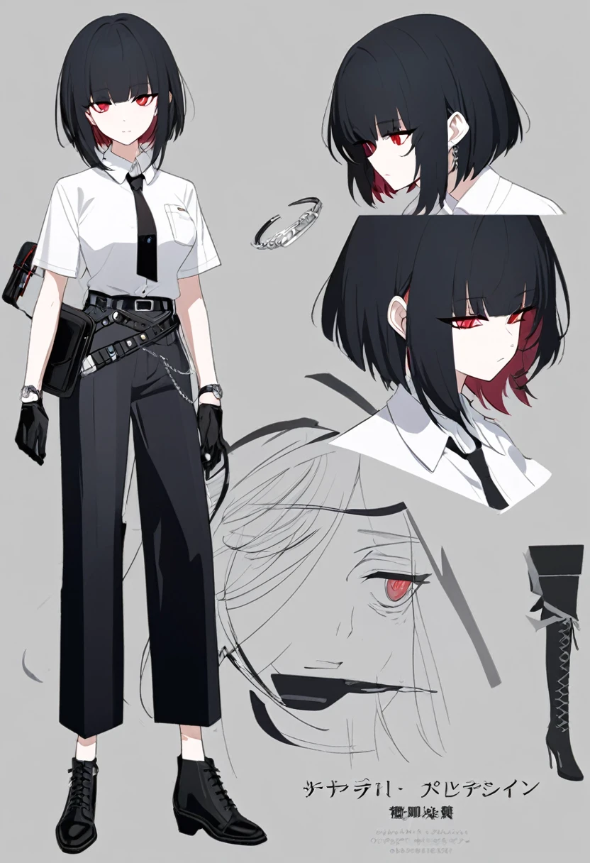 One woman,Dynamic,whole body,Are standing,mysterious,Concept Art,Character Design,Jet black straight hair,The bangs are trimmed to accentuate the eyes.,Short Hair,Well-proportioned face,Sharp Eyes,White shirt and black tie,Black slacks,Silver cufflinks on the left hand,On the ring finger of her right hand she wears a simple silver ring.。Luxury watches,Black leather shoes,beltでウエストラインを強調,Arknights Wind,Stylish,Red eyes,belt,Stylishな赤い模様の上着,Stylish,Simple background gray,Details,Okabo Hair,Half-open eyes,Cool appearance,Multiple Views,Black gloves,