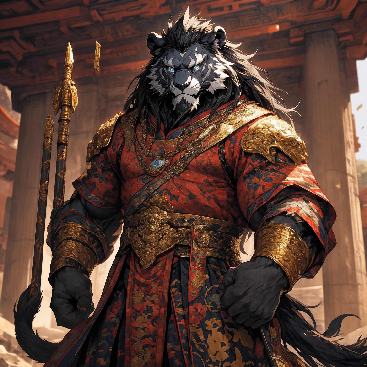 (Black lion),(金色General战袍),Holding a spear,Powerful gesture,Stand confidently and proudly,(边塞Great Wall与沙漠戈壁为背景:1.2.Great Wall),abdominal muscles,Heroic Stance飒爽,完美的masterpiece,Various facial details,Long-term perspective,specific description,masterpiece,CG,(Light blue eyes),Light black pattern,Black tail,General,Heroic Stance,Golden fur,Specific facial details,Half Body,(炎火General战履),(Chang Ling),((middle aged)),(Face Focus),(16K),HD,Red and white belly,temple,beard,(Face line),Different students,(blouse detailed with gold),,Strong,muscle,(high resolution:1.3),Chinese style general holding a long sword，Looking into the distance