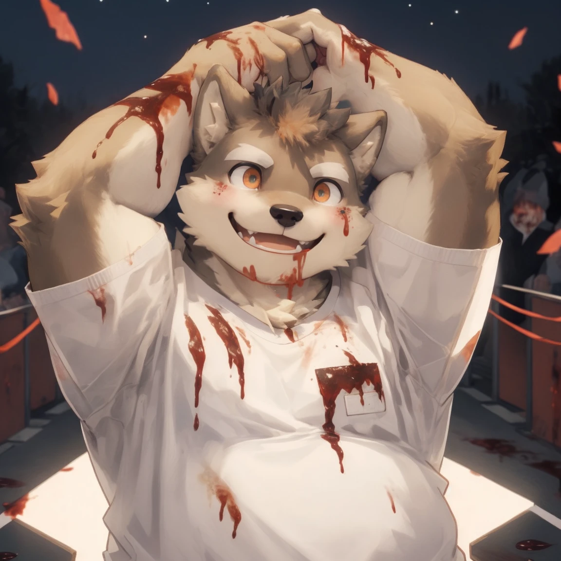 masterpiece, best quality, 8k resolution, Very detailed, hairy，Shiba Inu，(Black hair)，(((golden fur)))，(((Blood red eyes)))，Chubby，Chubby face，(((White shirt)))，(((Loose shirt)))，((Black pants))，(((For the audience)))，Highest quality scene，(((Solitary)))，solitary，Upright，portrait，((Yandere))，((Night))，((bloody))，((Face-to-face))，(((Eyes on me)))，(((The eyes are empty)))，(((Tilting your head)))，(((Round face)))，(((Smiling evilly)))，(((whole body)))