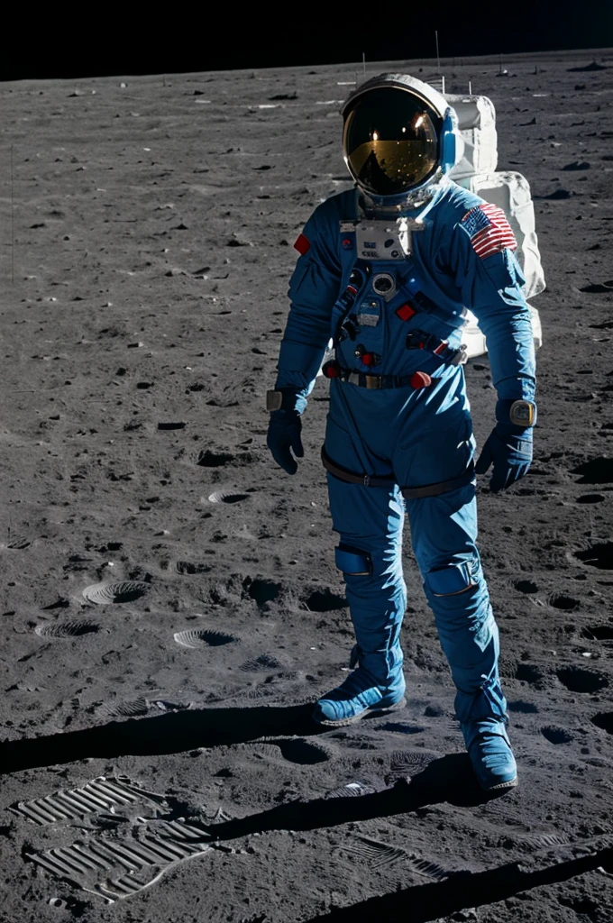 realistic landscape, man in a blue spacesuit, On the Moon, space station in the background