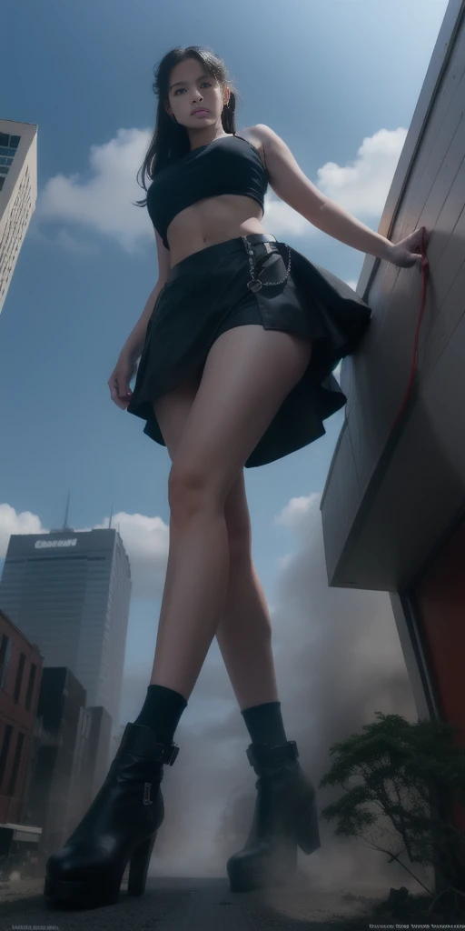 "A towering Giantess in a cool and laid-back hippie style is rocking a crop top and baggy skirt. (barely visible white panties). Her toned and athletic build hints at her massive strength. She seems to be casually strolling through the bustling cityscape of GTS City, as towering buildings loom overhead. Smoke and clouds roil around her, adding to the sense of epic scale and drama. The lighting is dark, gloomy, and realistic, creating a tense and ominous atmosphere. The perspective is from below, emphasizing the sheer majesty and power of the Giantess."