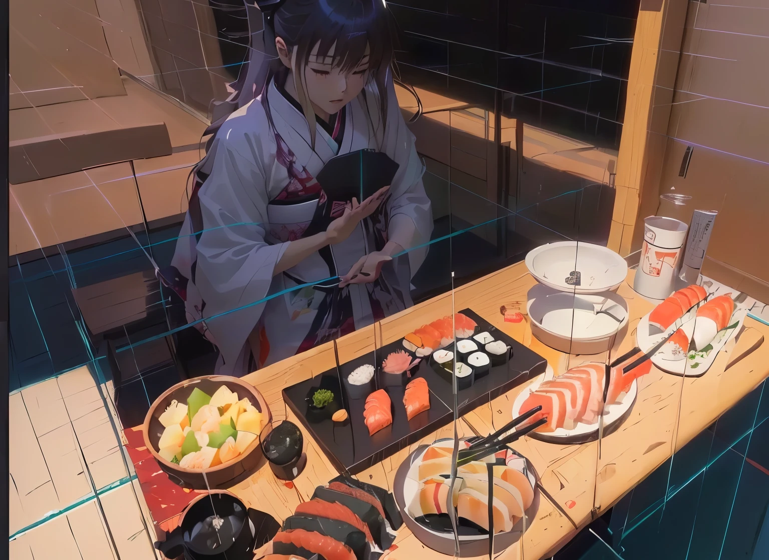 anime scene of a table with sushi and other foods, anime keyframe, praise artstyle, keyframe illustration, POV hairy art, praise art, praise aesthetic, praise, keyframe, 90s anime aesthetic, In a table, By Shingei, concept art scene, japanese animation style, praise feel, loico |