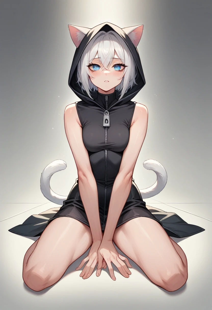 Very Sexy white hair  blue eyed cat girl who is sitting on the floor Looking up at you with hungry eyes you can see her full body and she is dressed in a black Huddie dress with the hood on and small brest barly showing out of the unzipped dress, She wants you and only you. she is in heat and wants to mount you. the background is night and she wants to sit on your face you can see between her legs,  4k 3840X2160