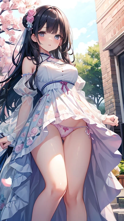 One woman,Upskirt、Super detailed, High resolution, (Actual, Realistically: 1.4), 8K, RAW Photos, (Stick your butt out), (Highest quality),rendering, Shoulder-length black hair、(I can see her panties)、tallかつスリム、Upturned buttocks,((Long dress with floral pattern))、((lean breasts))、(Pink and light blue lace panties)、tall、Shooting from below、whole body、slender、Reverse Shooting、Panty shot、Surprised face、Blushed cheeks、