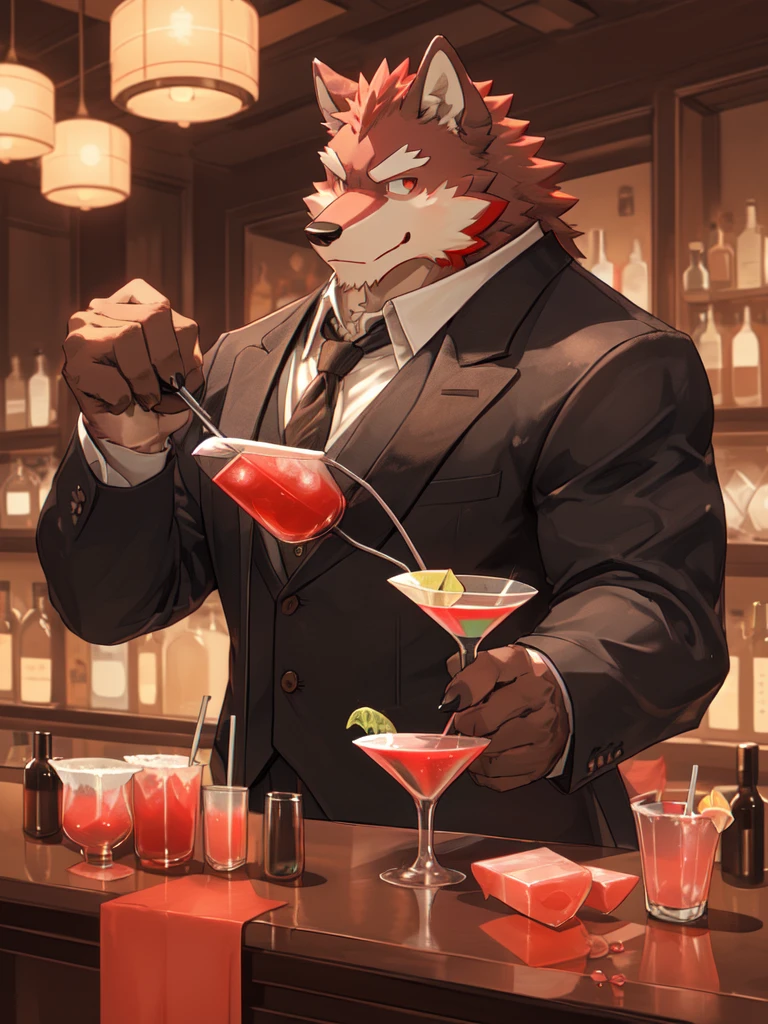 Best quality, diederich olsen (/knights college/), wolf, kemono, nj5furry, Red Fur, Red eyes, Medium Muscular Body, Solo, A charming bartender, elegant Pose, suit, Fierce eyes, Smille, a dimly lit bar, (meticulously measuring and pouring ingredients for a cocktail:1.5), behind the counter, full body