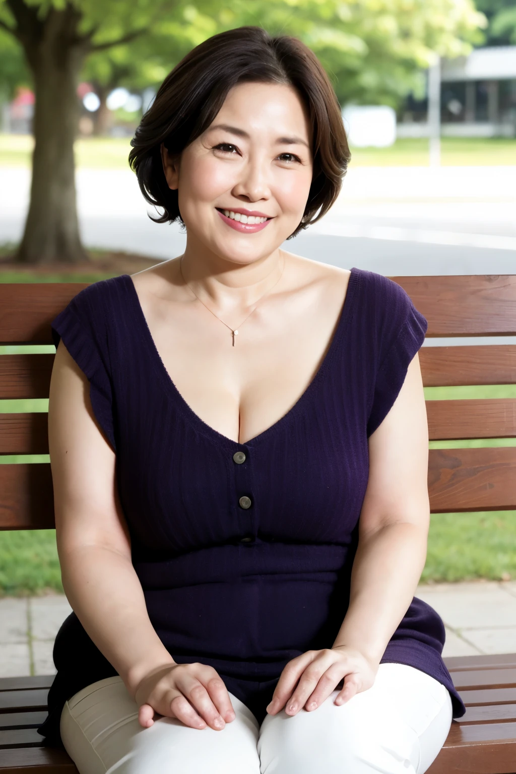 最high quality, In 8K, Masseter region, real, Sharp focus, high quality, High resolution, Detailed face, Fine grain, Thick lips, Background Blur, alone, Full body photography, Middle-aged women, , 65 years old, , Wavy Hair, Cleavage, Wearing a plain short-sleeved knit, Sitting on a park bench, Wrinkles around the eyes, Smiling with teeth showing