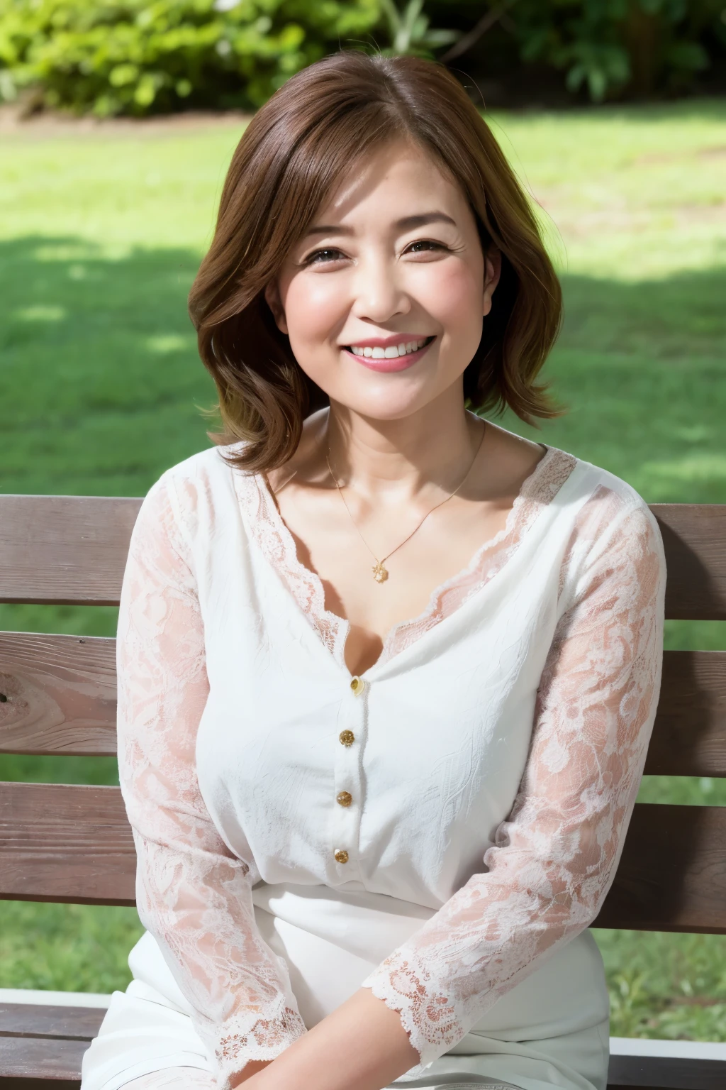 最high quality, In 8K, Masseter region, real, Sharp focus, high quality, High resolution, Detailed face, Fine grain, Thick lips, Background Blur, alone, Full body photography, Middle-aged women, , 65 years old, , Wavy Hair, Cleavage, Wearing a plain short-sleeved knit, Sitting on a park bench, Wrinkles around the eyes, Smiling with teeth showing