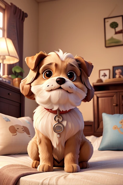 detailed lhasa apso dog, lying on bed, sleeping, fluffy fur, cute expression, peaceful, soft bed, cozy atmosphere, natural lighting, warm colors, realistic, photorealistic, 8k, masterpiece, professional
