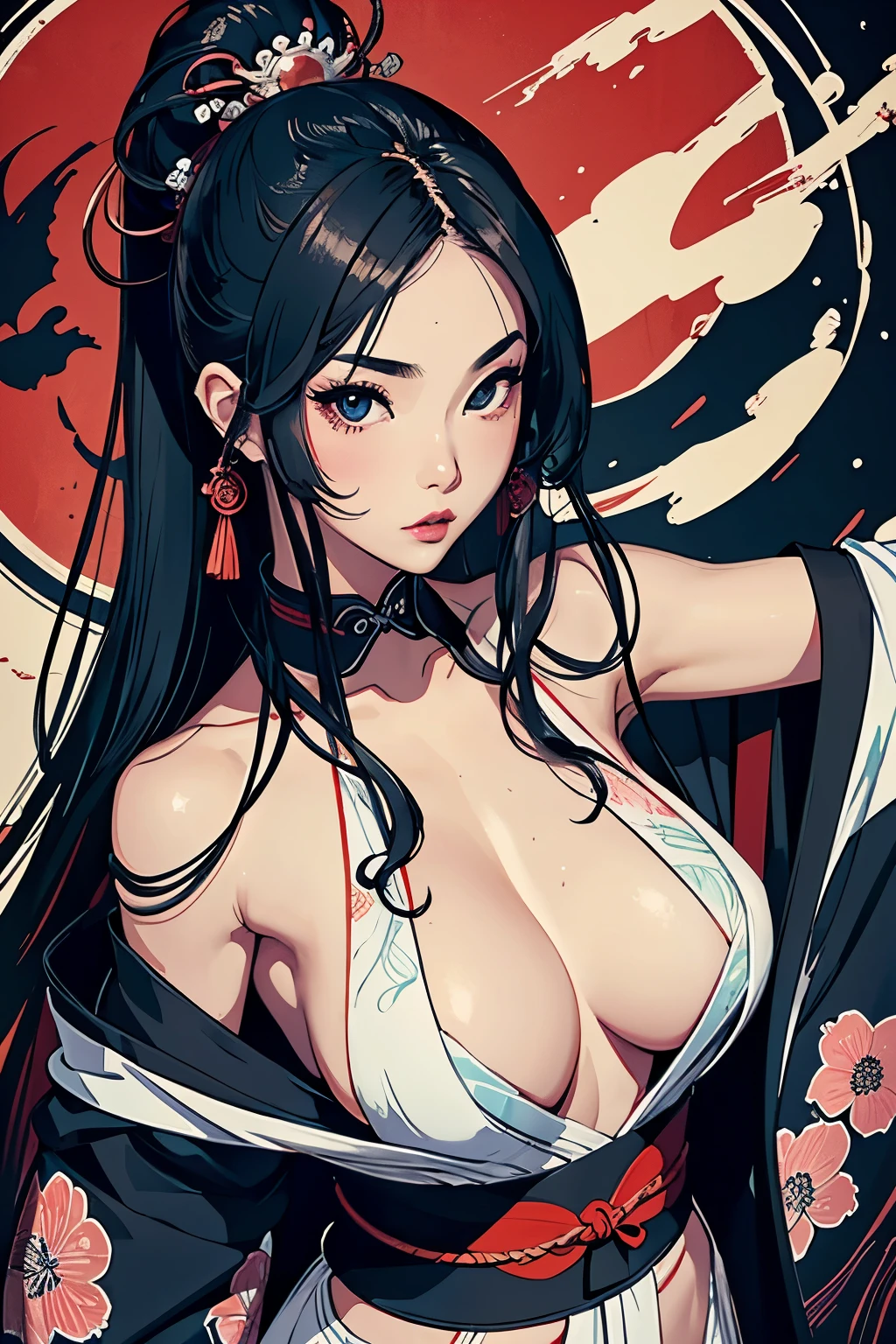 Wait warrior sexy, pretty face, Delicious Company, Alluring figure, Wearing a sexy open kimono. The artwork is created in a medium reminiscent of Japanese ink paintings....., Features bold brushstrokes and a Monochromatic color palette. Artist&#39;Masterful technique reveals the intensity and power of the image&#39;sense of presence，with the highest quality, Perfectly capture every detail with ultra-high resolution. Textures and intricate patterns on kimonos are rendered with extreme precision. Lighting is carefully designed，Enhance drama, Features deep shadows and subtle highlights. general, The artwork exudes elegance and power, Combining traditional Japanese aesthetics with a modern feel. Monochromatic color palette, Combine details, Create captivating and immersive experiences for your audience.