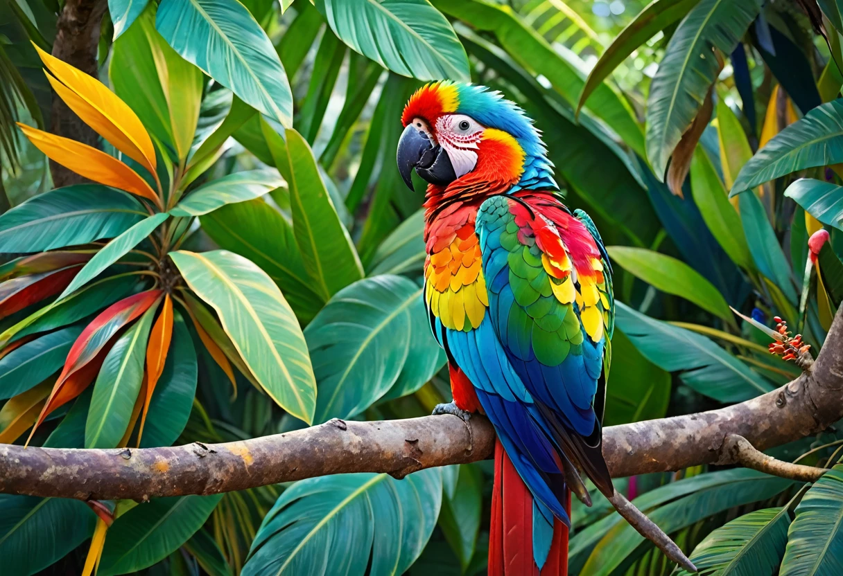 there is a colourful bird sitting on a branch in a tree, very colourful, rare jungle bird, Kuntilanak in a tree, colourful, colourful plumage,, parrot, tropical birds, painted with lots of colour, colourful bird with long, bright, on a branch, sat in a tree, colourful birds, colourful