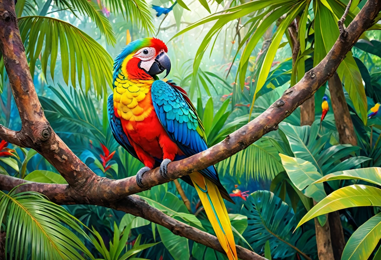 there is a colourful bird sitting on a branch in a tree, very colourful, rare jungle bird, Kuntilanak in a tree, colourful, colourful plumage,, parrot, tropical birds, painted with lots of colour, colourful bird with long, bright, on a branch, sat in a tree, colourful birds, colourful