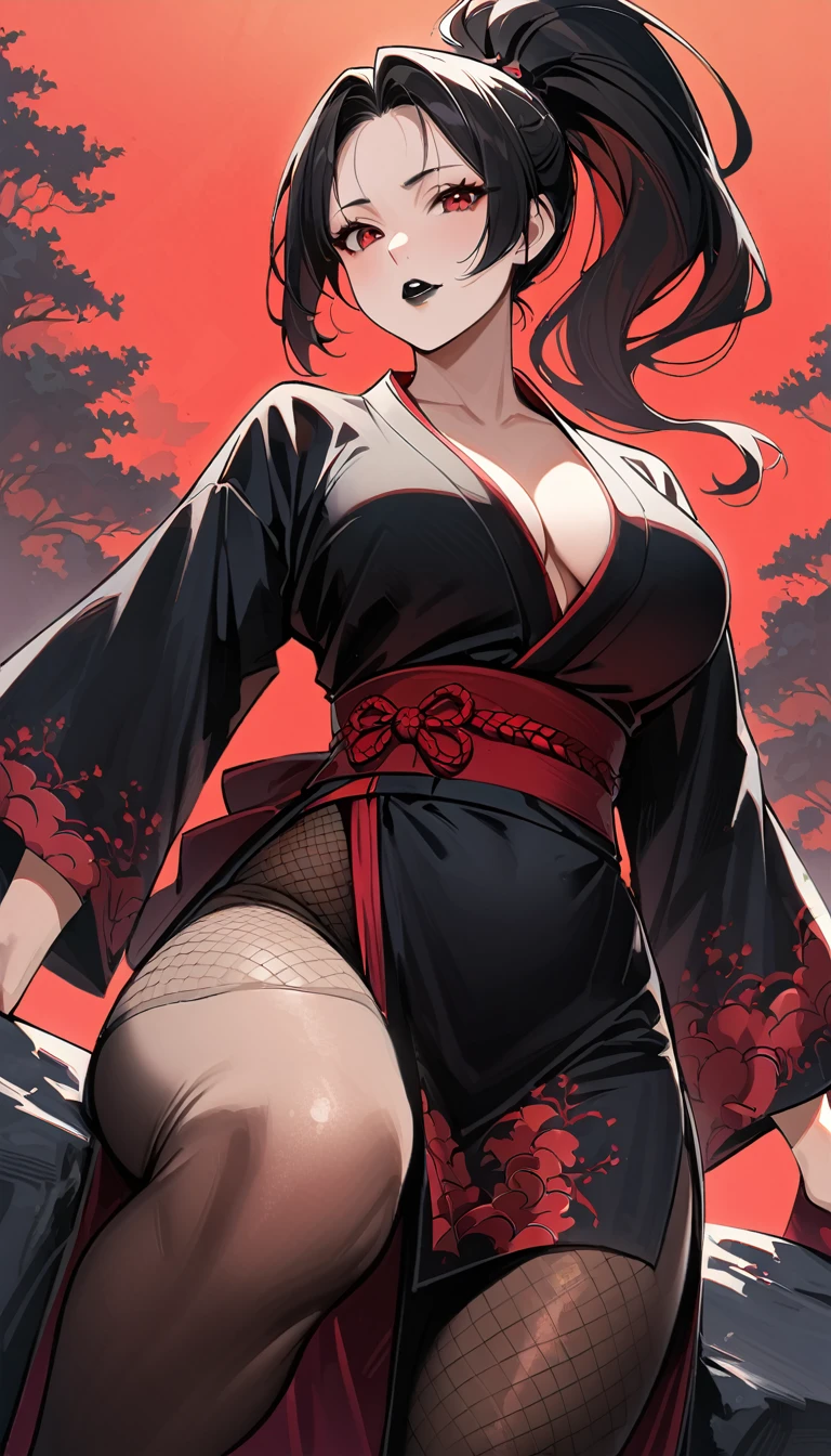 (high quality, 8k, 4K, high contrast, artwork:1.2, high quality, best aesthetics), (dynamic angle), ((1 woman)), erotic, sensual, mature body, super detailed, beautiful face detailed, beautiful eyes detailed, detailed beautiful mouth, sexy body, black hair, short black hair, ponytail hair, red eyes, serious facial expression, women's black ninja kimono with red clouds printed, black fishnet pantyhose, black lipstick, kunoichi, ninja girl, forest, sitting on top of a rock, centered, looking at the viewer.