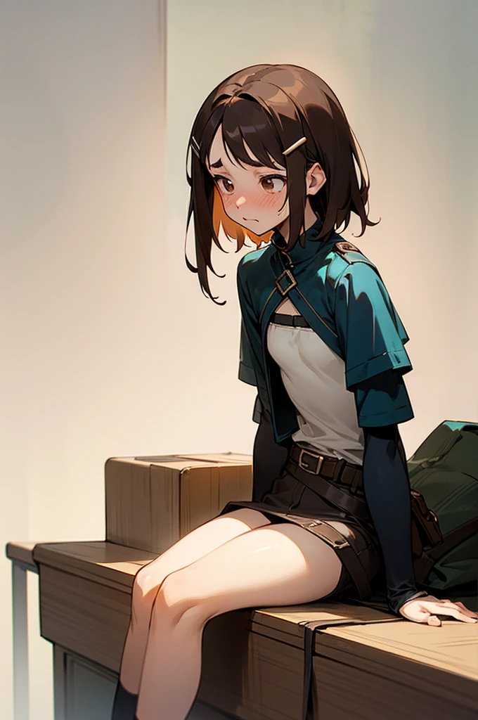 Anime, flat , (Ellen 18-years-old, short dark layered hair, Brown-eyed, small breast:1.0), hair clips
Fantasy Rogue outfit, belt, spread legs, sitting, embarrassed, groin , fantasy , rogue tops, fantasy rogue shirt ,