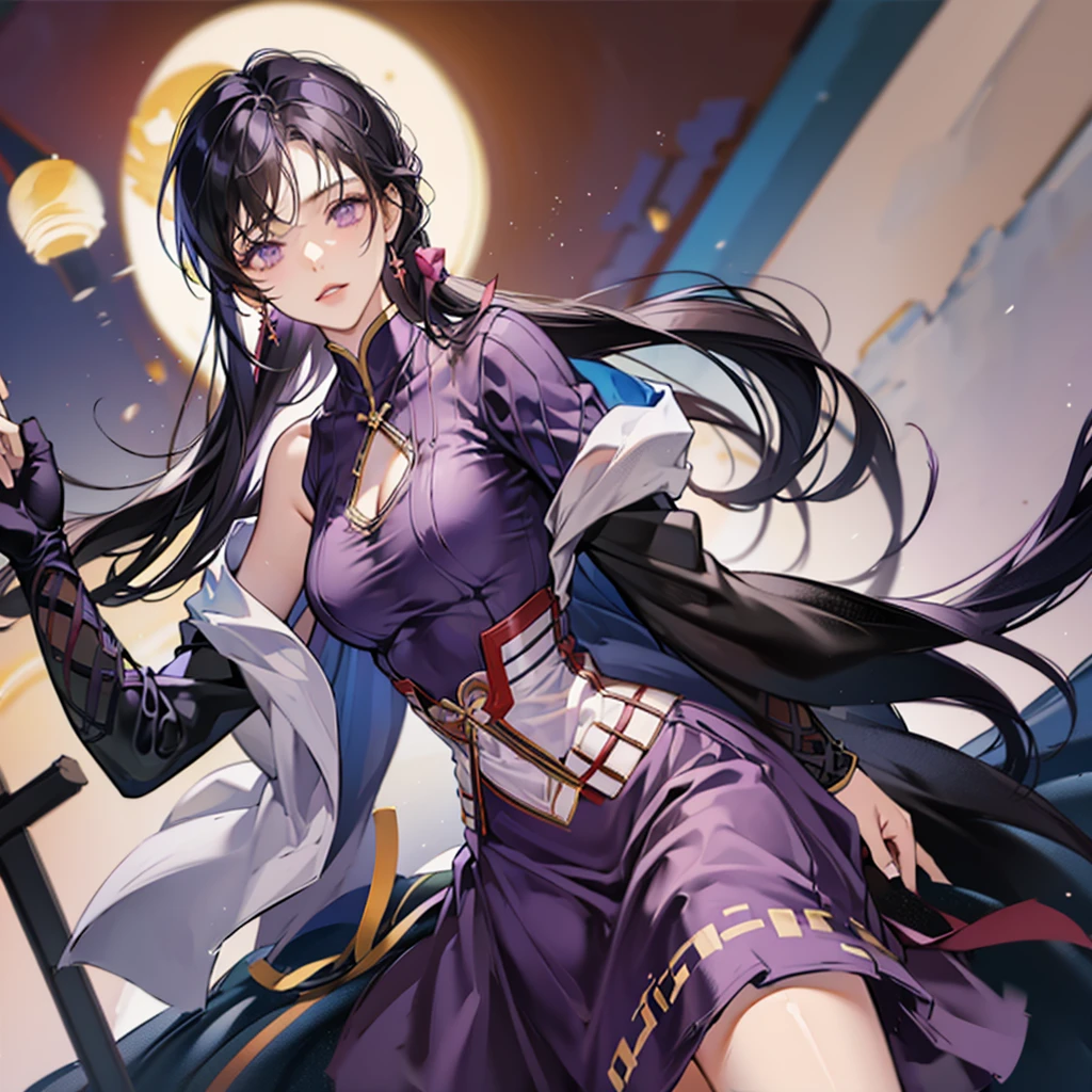 Black Hair、Purple Eyes、Beautiful Face、A strong body、tall