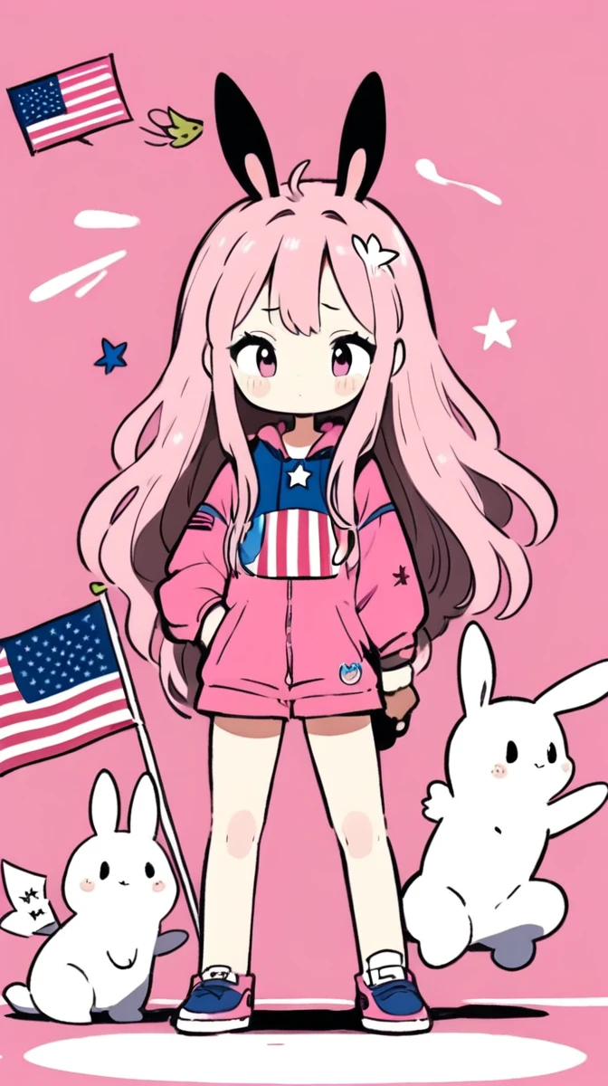 Create a character with long blonde hair and a pink cloth suit with the American flag behind him and an Asul rabbit next to him.