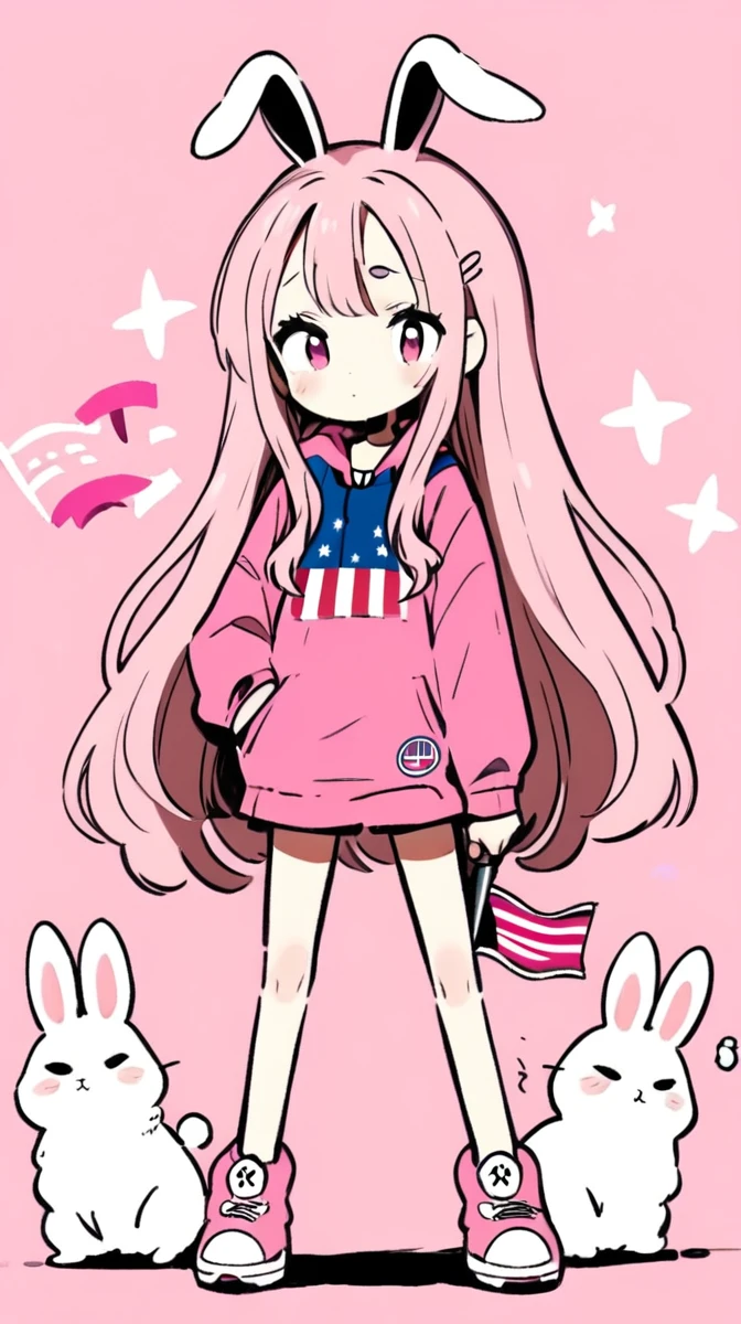 Create a character with long blonde hair and a pink cloth suit with the American flag behind him and an Asul rabbit next to him.
