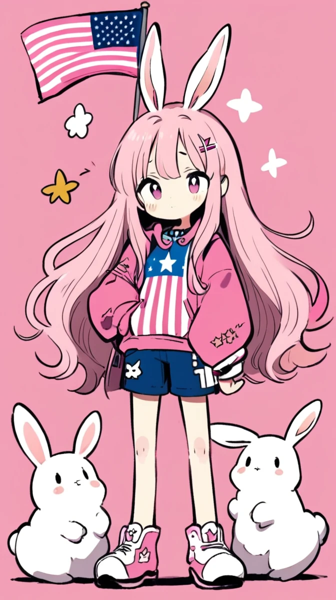 Create a character with long blonde hair and a pink cloth suit with the American flag behind him and an Asul rabbit next to him.