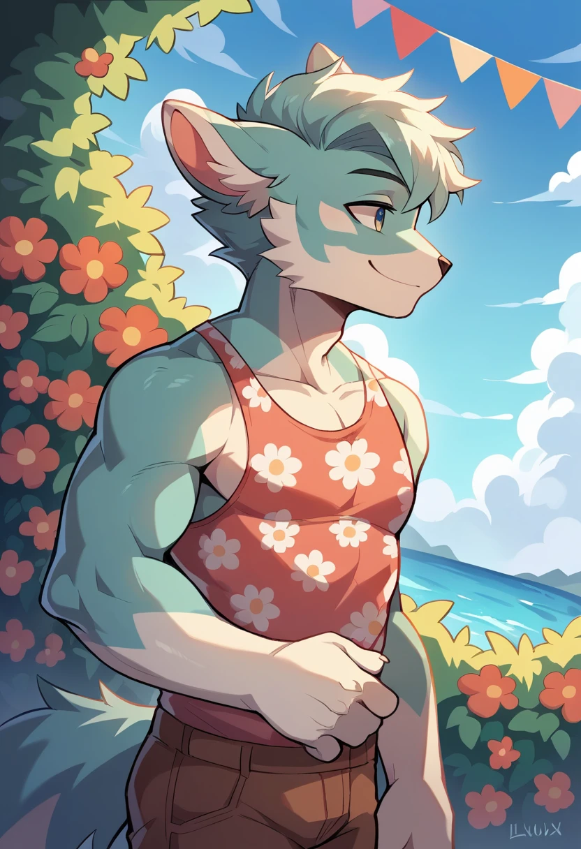 top quality, highres, High-quality illustrations, unparalleled masterpiece(movie of life)farm, Blue sky, clouds, florals Beautiful garden(furry anthro, solo, boy, casual fashion, Relux pose, Smile)absurdres, perfect ???????, anime style, dynamic angle,