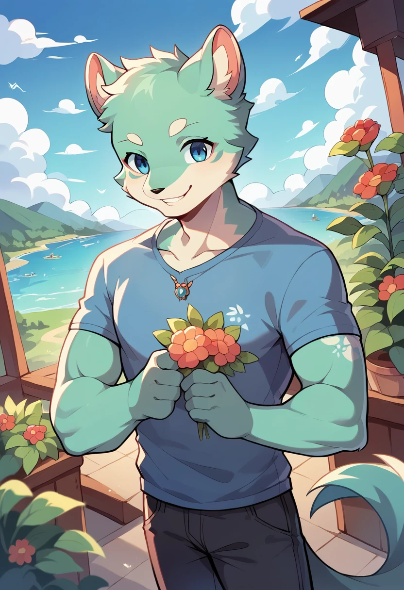 top quality, highres, High-quality illustrations, unparalleled masterpiece(movie of life)farm, Blue sky, clouds, florals Beautiful garden(furry anthro, solo, boy, casual fashion, Relux pose, Smile)absurdres, perfect anatomy, anime style, dynamic angle,