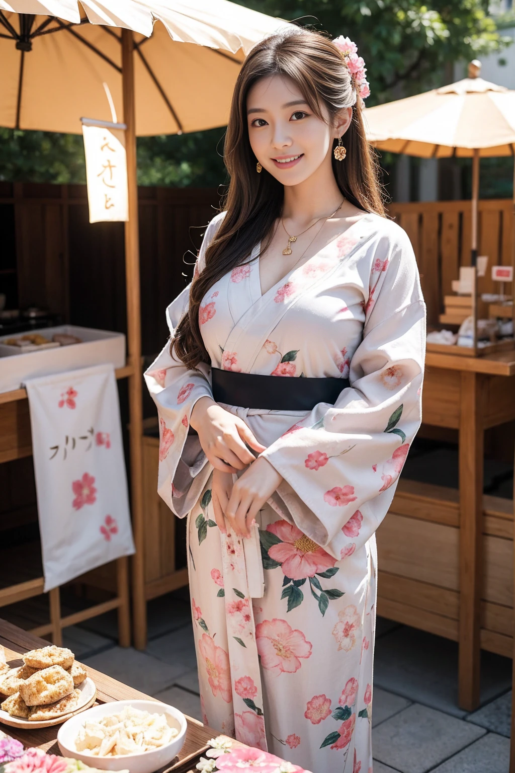 Highest quality,8K, Detailed facial depiction, Detailed description of the eyes,One Woman, Light brown hair(Medium-long hair),Beautiful Japanese Girl,24-years-old,Cute eyes,Cute Smile,Yukata beauty,Yukata with a beautiful floral pattern,Slender body, Large, plump breast size, Long and beautiful legs,Smiling, Colorful earrings,necklace,Are standing,Beautiful nape,Japanese Summer Festivals,There are food stalls