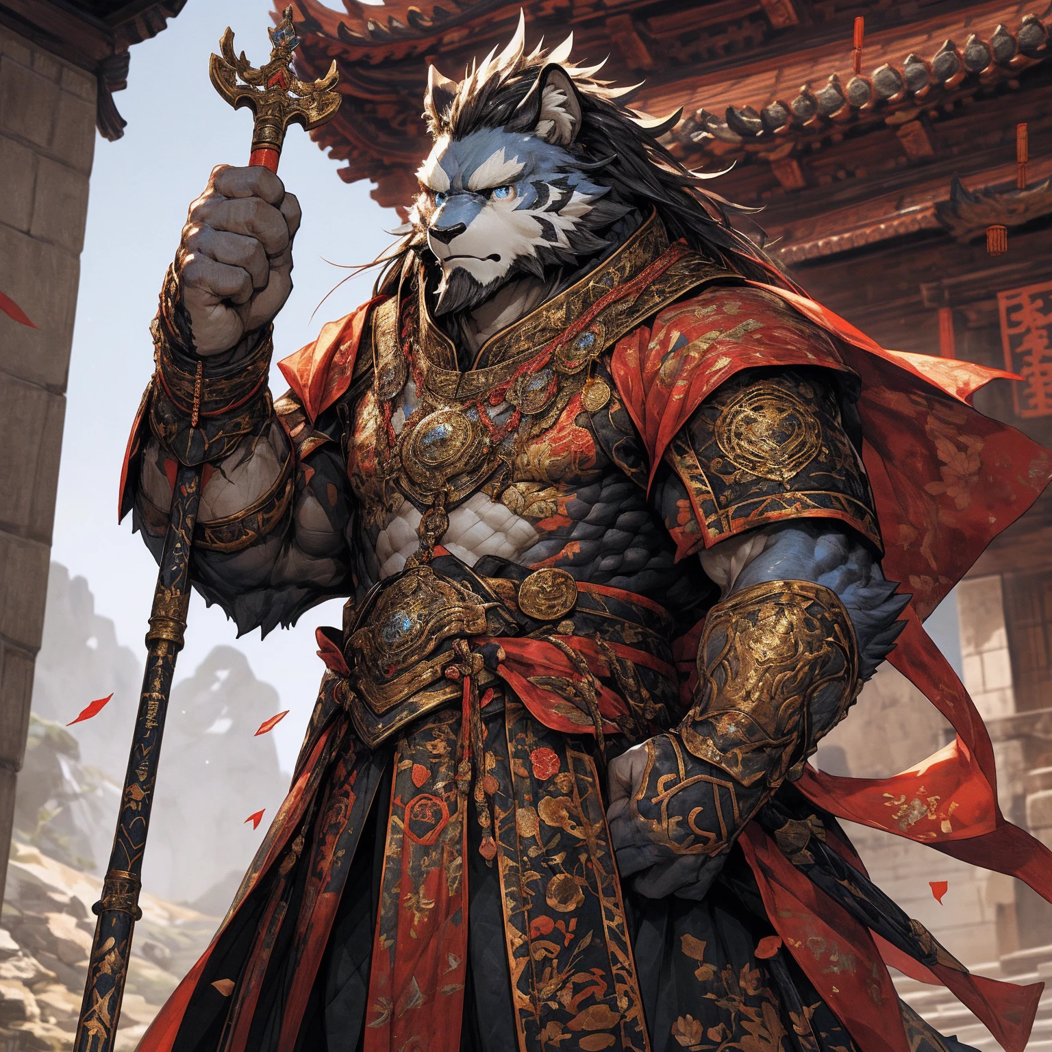 (black),(金色General战袍),Holding a spear,Powerful gesture,Stand confidently and proudly,(边塞Great Wall与沙漠戈壁为背景:1.2.Great Wall),abdominal muscles,Heroic Stance飒爽,完美的masterpiece,Various facial details,Long-term perspective,specific description,masterpiece,CG,(Light blue eyes),浅black色图案,black色的尾巴,General,Heroic Stance,Golden fur,Specific facial details,Half Body,(炎火General战履),(Chang Ling),((middle aged)),(Face Focus),(16K),HD,Red and white belly,temple,beard,(Face line),Different students,(blouse detailed with gold),,Strong,muscle,(high resolution:1.3),Chinese style general holding a long sword,Looking into the distance