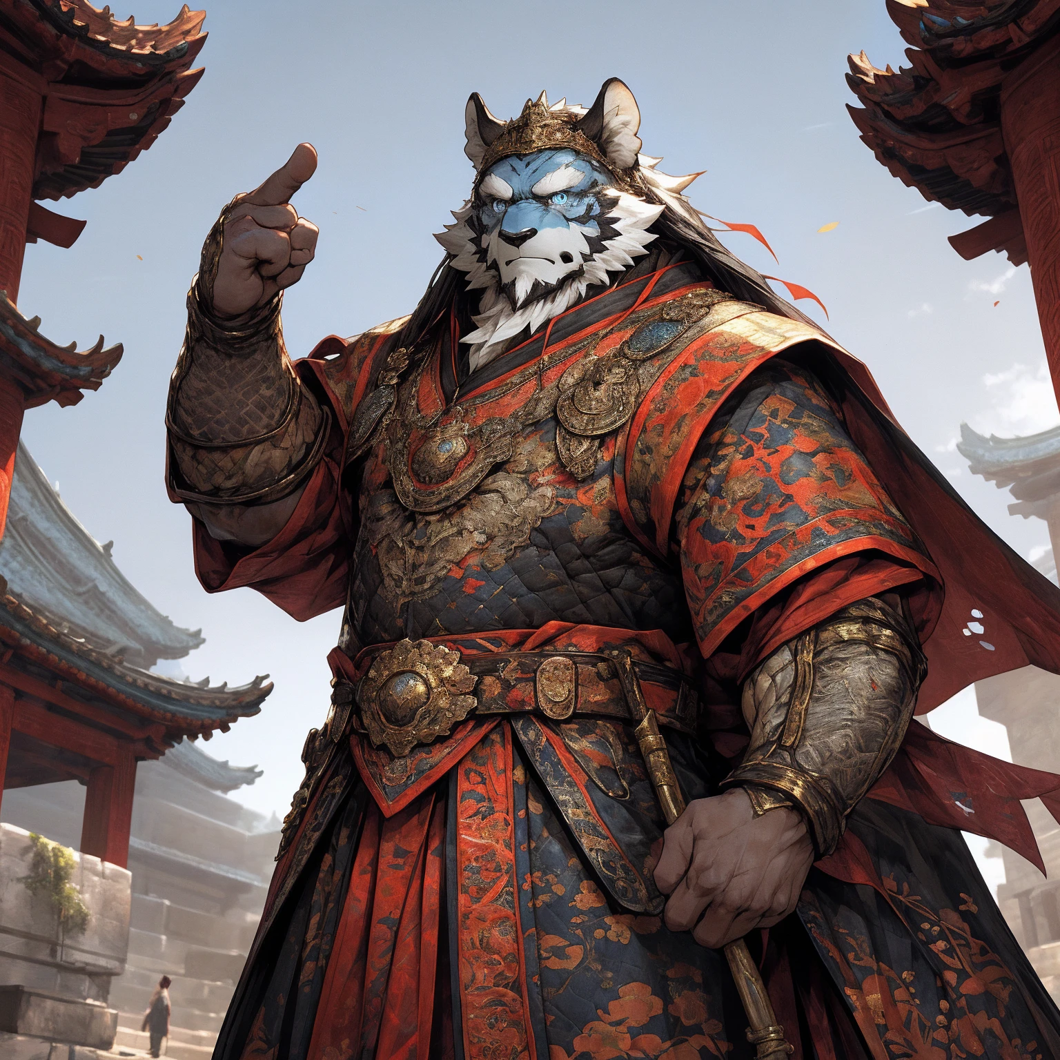 (black),(金色General战袍),Holding a spear,Powerful gesture,Stand confidently and proudly,(边塞Great Wall与沙漠戈壁为背景:1.2.Great Wall),abdominal muscles,Heroic Stance飒爽,完美的masterpiece,Various facial details,Long-term perspective,specific description,masterpiece,CG,(Light blue eyes),浅black色图案,black色的尾巴,General,Heroic Stance,Golden fur,Specific facial details,Half Body,(炎火General战履),(Chang Ling),((middle aged)),(Face Focus),(16K),HD,Red and white belly,temple,beard,(Face line),Different students,(blouse detailed with gold),,Strong,muscle,(high resolution:1.3),Chinese style general holding a long sword，Looking into the distance