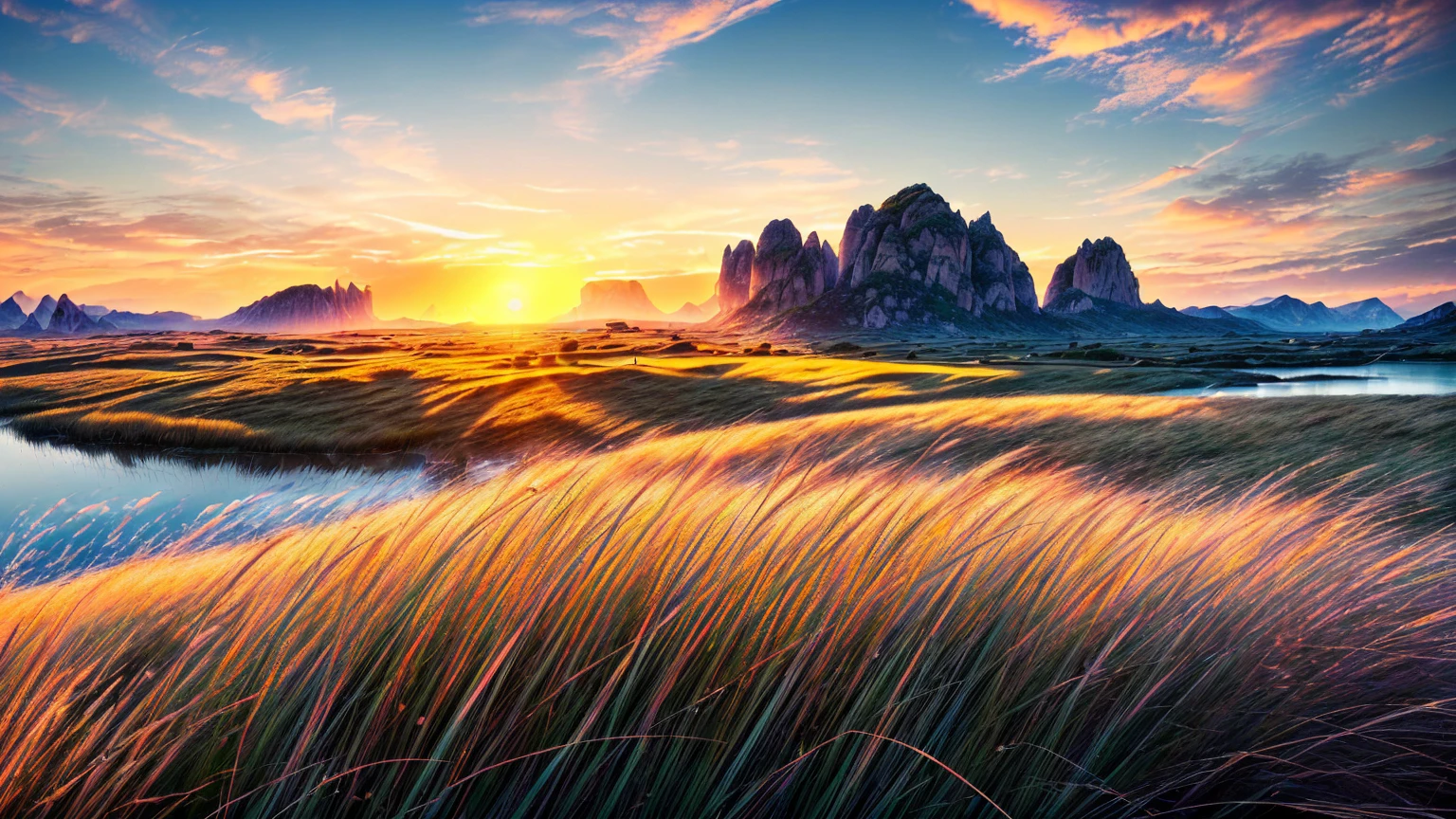(An Image of the best very beautiful and detail landscape natural environment background:1.5), ((at the very bottom the best very beautiful land detail lake background:1.5)), (at the near the image begin the best very beautiful many surrounding natural trees in the landscapes background:1.5), (A far away of the best very beautiful and detail landscape mountains natural environment background:1.5), (16: 9 ratios horizontal), (very beautiful Cloudy sky:1.1), best quality, masterpiece, ultra-high quality, ultra-high resolution, HDR, 8K, cinematic lighting, detail shadows, intricate shadow, Ray tracing, film grain, glare, bokeh, wind, look at viewer, Sharp focus, (hyperdetailed:1.15), (Very windy:1.3), (beautiful shadows:1.1), (visible moving tall grass), (beautiful sunrise)