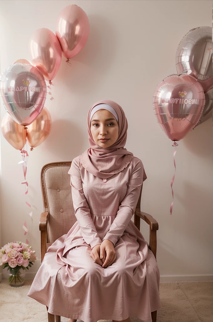 A woman wears a hijab facing forward and a long pink birthday dress, was sitting on a chair surrounded by balloons and flowers , and on the wall there is the name Kokom Komaelani, HD Realistic