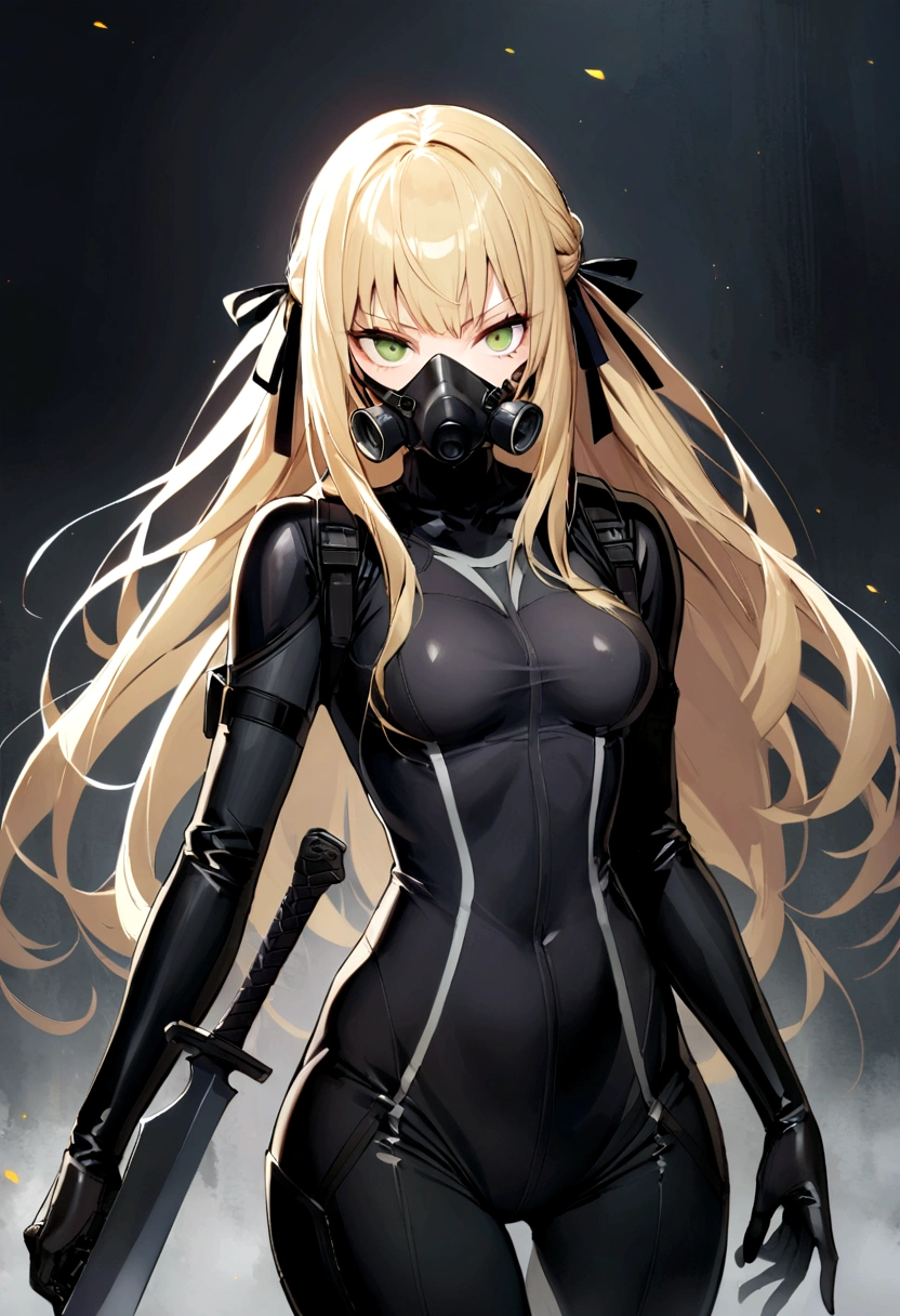 slender, mature female, 1girl, rating:safe, blonde_hair, solo, weapon, hair_ribbon, dagger, bodysuit, ribbon, long_hair,green_eyes, looking_at_viewer, gloves, standing, small_breasts, cowboy_shot, holding, breasts, holding_weapon, black_ribbon, gas_mask, skin_tight, holding_dagger, covered_mouth, knife, battle_knife, bangs