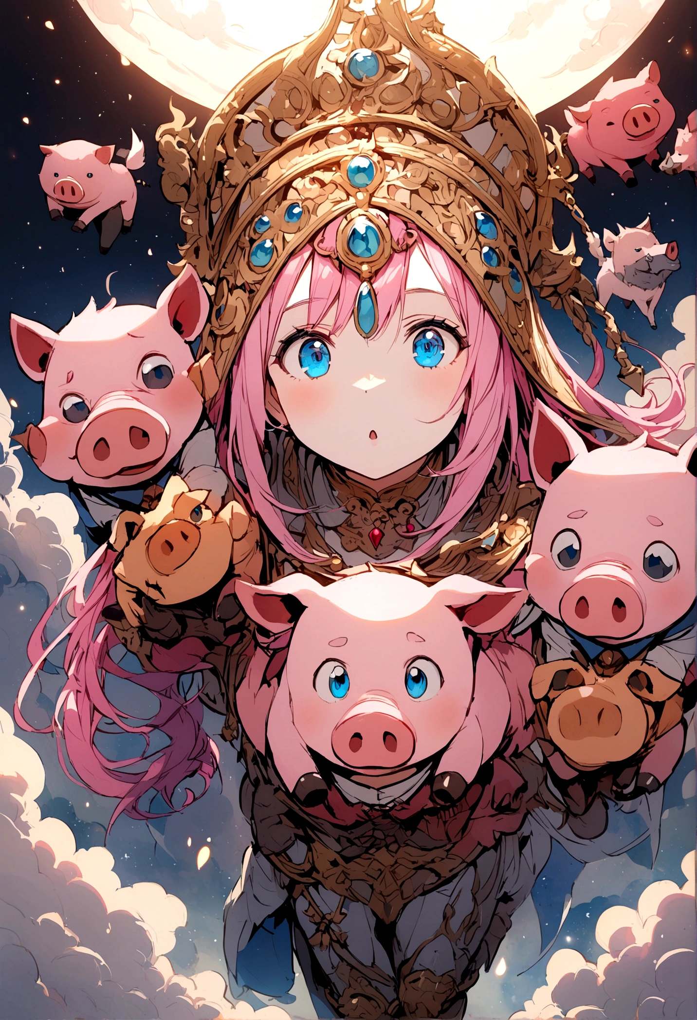 , pink head, blue eyes, pig and wolf, showing up