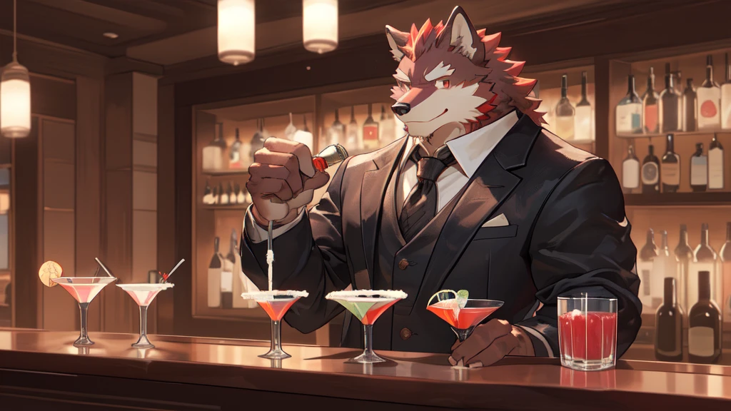 Best quality, diederich olsen (/knights college/), wolf, kemono, nj5furry, Red Fur, Red eyes, Medium Muscular Body, Solo, A charming bartender, elegant Pose, suit, Fierce eyes, Smille, a dimly lit bar, (meticulously measuring and pouring ingredients for a cocktail:1.5), behind the counter, full body