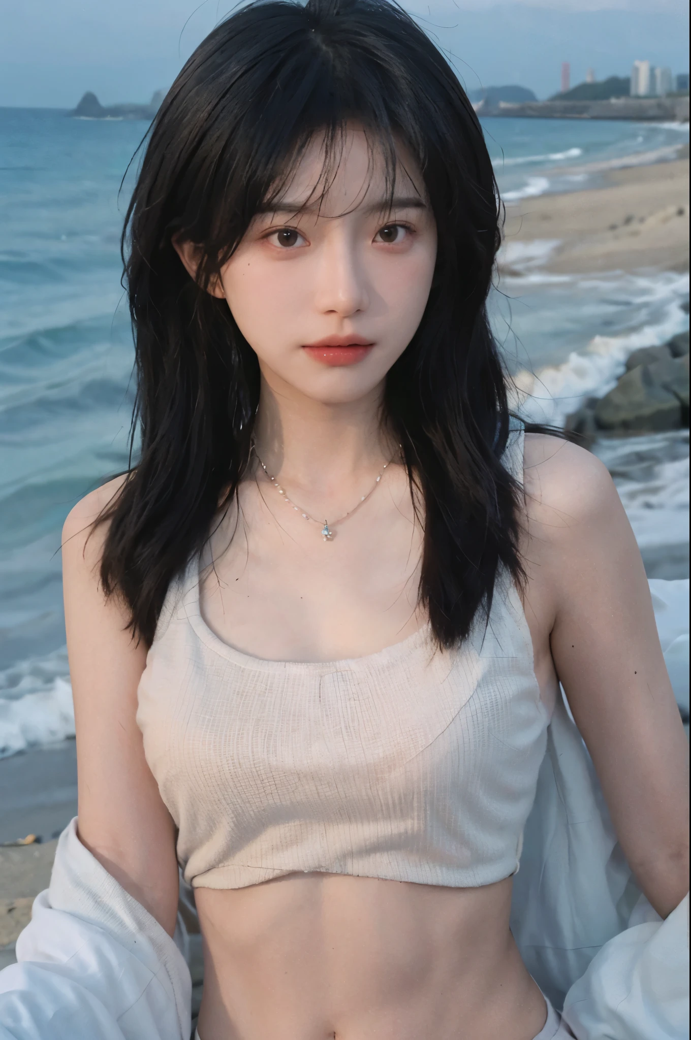 Best quality,Ultra-high resolution,(lifelike:1.4),Cute hairpin,1girll,Long curly hair,jk,Blush,Slim beauty:1.4,Visible abdominal muscles,on the beach,Ultra-fine face,Exquisite eyes,Double eyelids,necklace